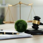 Law international environmental concept.world and wooden gavel with a golden scale.